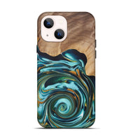 iPhone 14 Wood+Resin Live Edge Phone Case - Samantha (Teal & Gold, 722032)