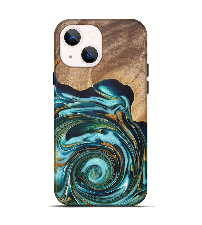 iPhone 14 Wood+Resin Live Edge Phone Case - Samantha (Teal & Gold, 722032)