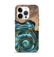 iPhone 15 Pro Wood+Resin Live Edge Phone Case - Samantha (Teal & Gold, 722032)