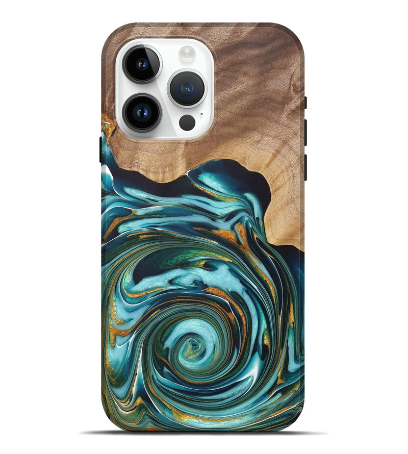 iPhone 15 Pro Max Wood+Resin Live Edge Phone Case - Samantha (Teal & Gold, 722032)