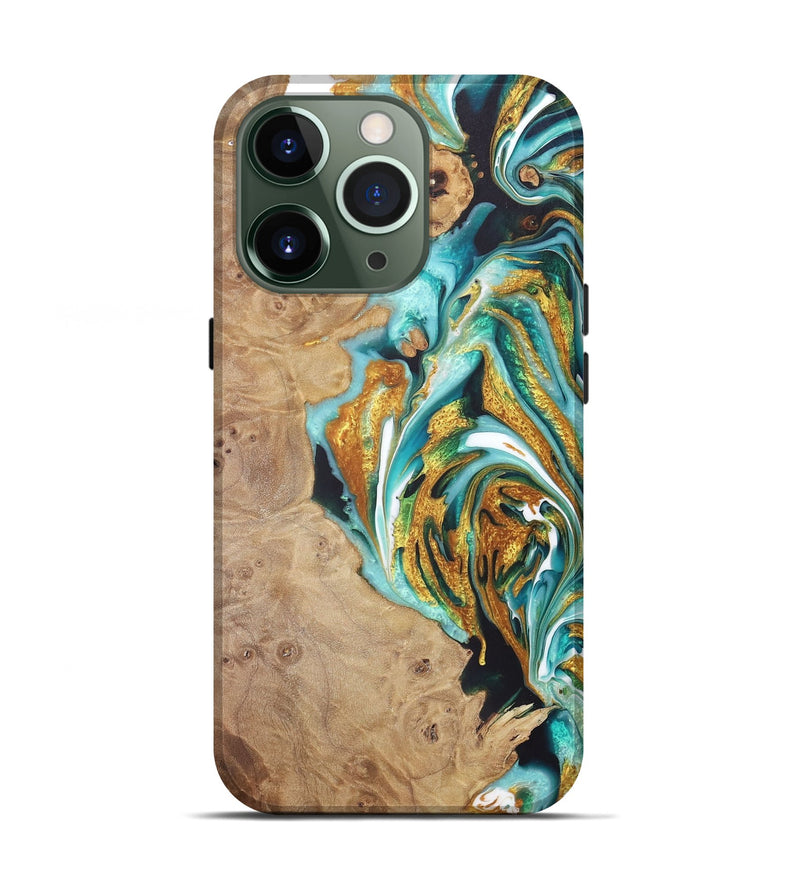 iPhone 13 Pro Wood+Resin Live Edge Phone Case - Pedro (Teal & Gold, 722033)