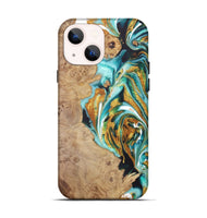 iPhone 14 Wood+Resin Live Edge Phone Case - Pedro (Teal & Gold, 722033)