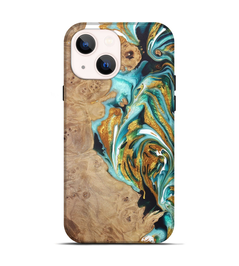 iPhone 14 Wood+Resin Live Edge Phone Case - Pedro (Teal & Gold, 722033)