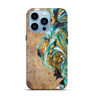 iPhone 14 Pro Wood+Resin Live Edge Phone Case - Pedro (Teal & Gold, 722033)