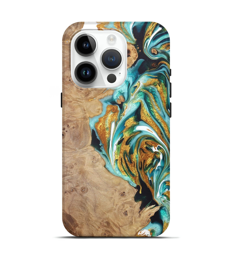 iPhone 15 Pro Wood+Resin Live Edge Phone Case - Pedro (Teal & Gold, 722033)