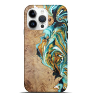 iPhone 15 Pro Max Wood+Resin Live Edge Phone Case - Pedro (Teal & Gold, 722033)