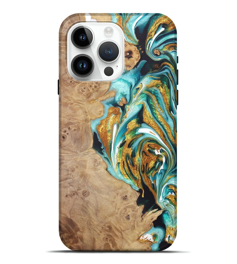 iPhone 15 Pro Max Wood+Resin Live Edge Phone Case - Pedro (Teal & Gold, 722033)