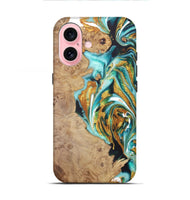 iPhone 16 Wood+Resin Live Edge Phone Case - Pedro (Teal & Gold, 722033)