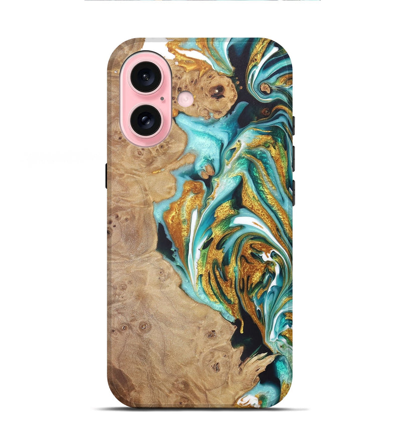 iPhone 16 Wood+Resin Live Edge Phone Case - Pedro (Teal & Gold, 722033)