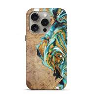 iPhone 16 Pro Wood+Resin Live Edge Phone Case - Pedro (Teal & Gold, 722033)