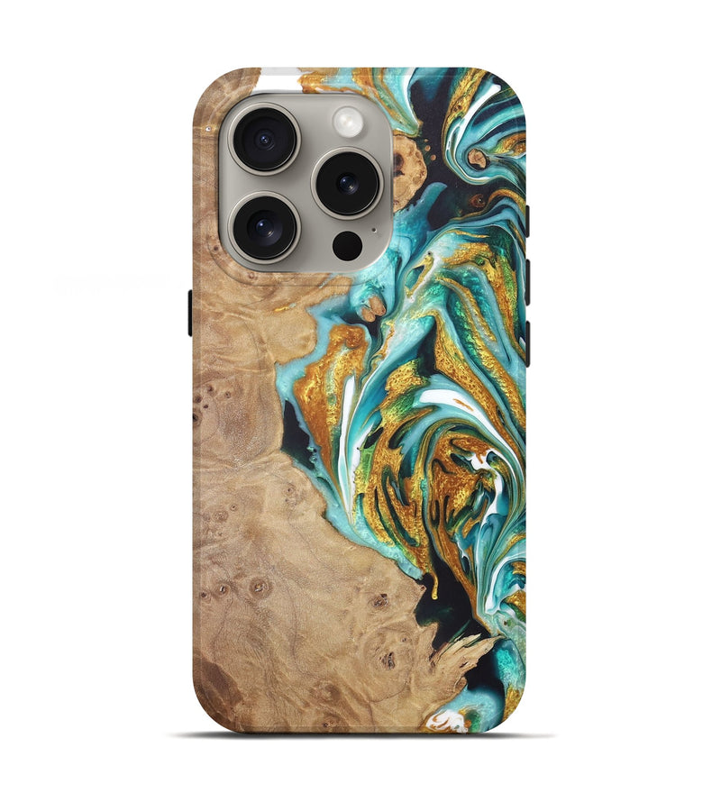 iPhone 16 Pro Wood+Resin Live Edge Phone Case - Pedro (Teal & Gold, 722033)