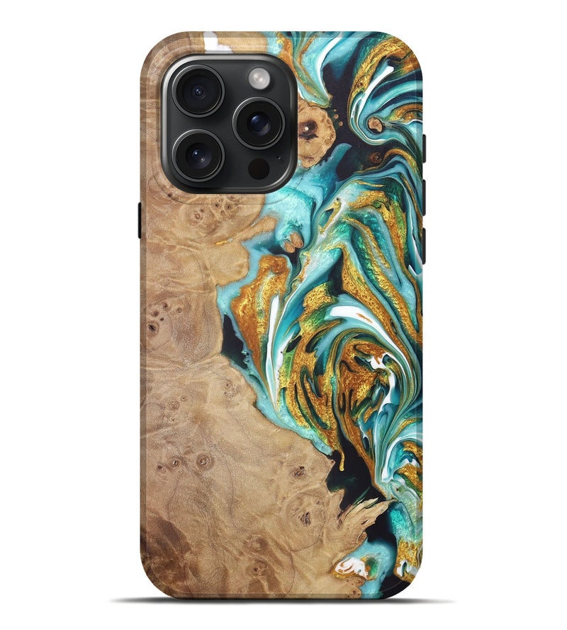 iPhone 16 Pro Max Wood+Resin Live Edge Phone Case - Pedro (Teal & Gold, 722033)