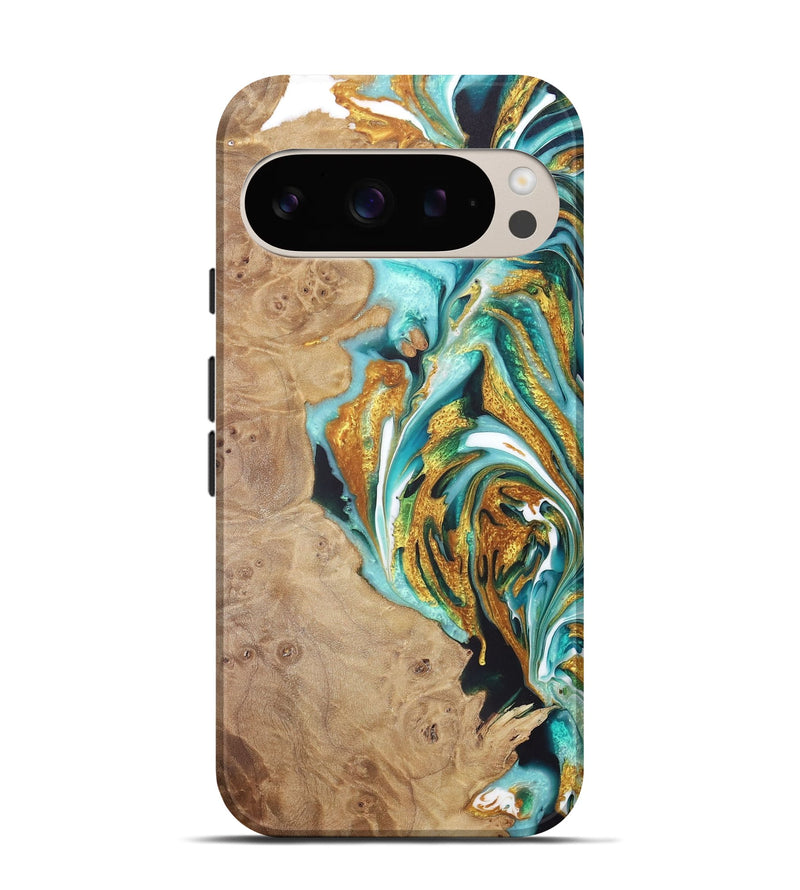 Pixel 9 Pro Wood+Resin Live Edge Phone Case - Pedro (Teal & Gold, 722033)