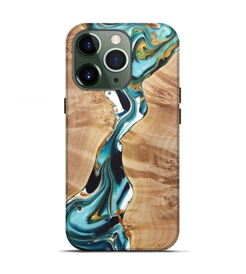 iPhone 13 Pro Wood+Resin Live Edge Phone Case - Gemma (Teal & Gold, 722034)