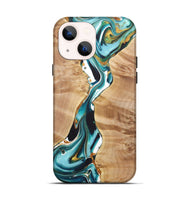 iPhone 14 Wood+Resin Live Edge Phone Case - Gemma (Teal & Gold, 722034)