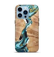 iPhone 14 Pro Wood+Resin Live Edge Phone Case - Gemma (Teal & Gold, 722034)