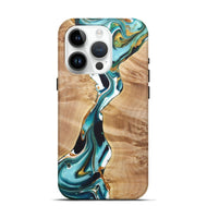 iPhone 15 Pro Wood+Resin Live Edge Phone Case - Gemma (Teal & Gold, 722034)