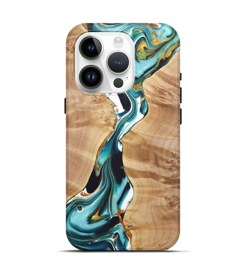 iPhone 15 Pro Wood+Resin Live Edge Phone Case - Gemma (Teal & Gold, 722034)