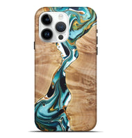 iPhone 15 Pro Max Wood+Resin Live Edge Phone Case - Gemma (Teal & Gold, 722034)