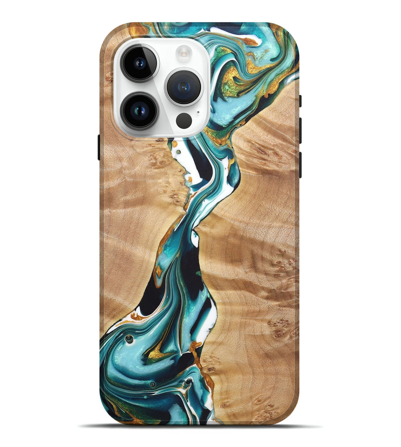 iPhone 15 Pro Max Wood+Resin Live Edge Phone Case - Gemma (Teal & Gold, 722034)