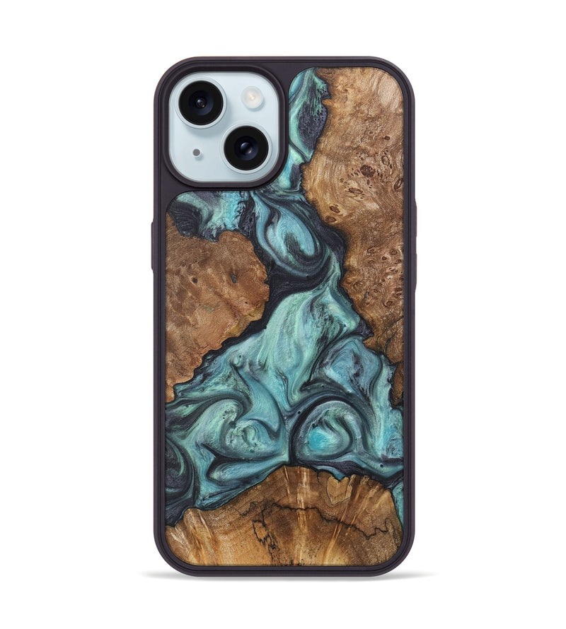 iPhone 15 Wood+Resin Phone Case - Emilio (Green, 722037)