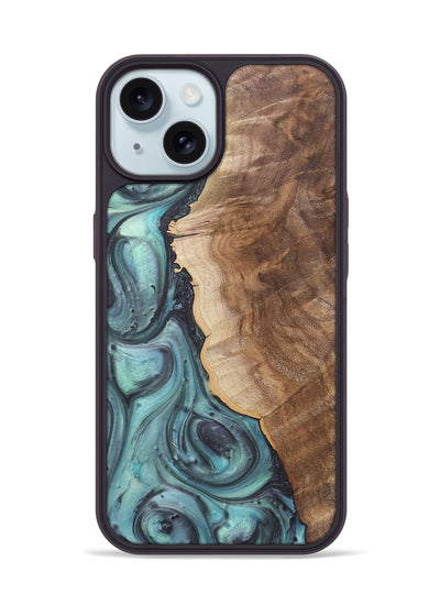 iPhone 15 Wood+Resin Phone Case - Madeline (Green, 722044)