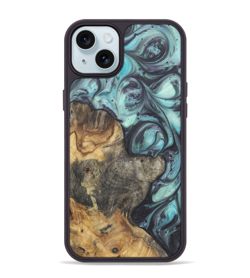 iPhone 15 Plus Wood+Resin Phone Case - Emma (Blue, 722046)