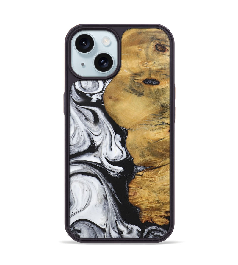 iPhone 15 Wood+Resin Phone Case - Flora (Black & White, 722149)