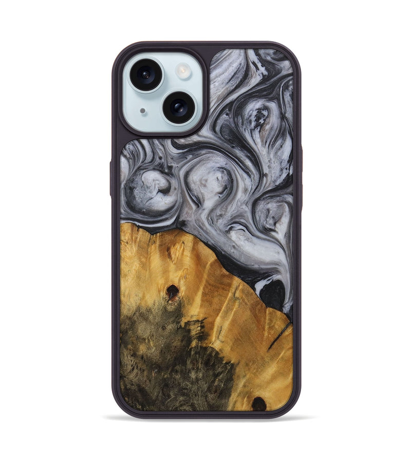 iPhone 15 Wood+Resin Phone Case - Alan (Black & White, 722155)