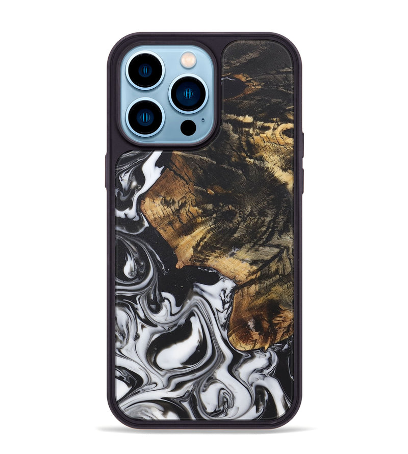 iPhone 14 Pro Max Wood+Resin Phone Case - Charlene (Black & White, 722175)