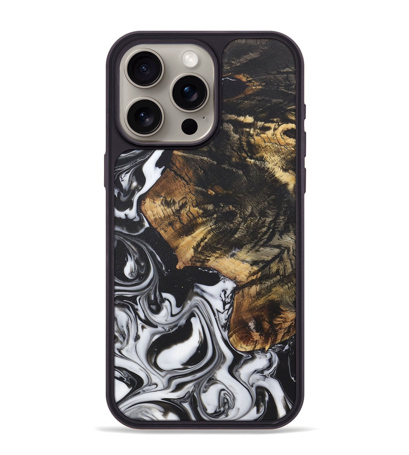 iPhone 15 Pro Max Wood+Resin Phone Case - Charlene (Black & White, 722175)