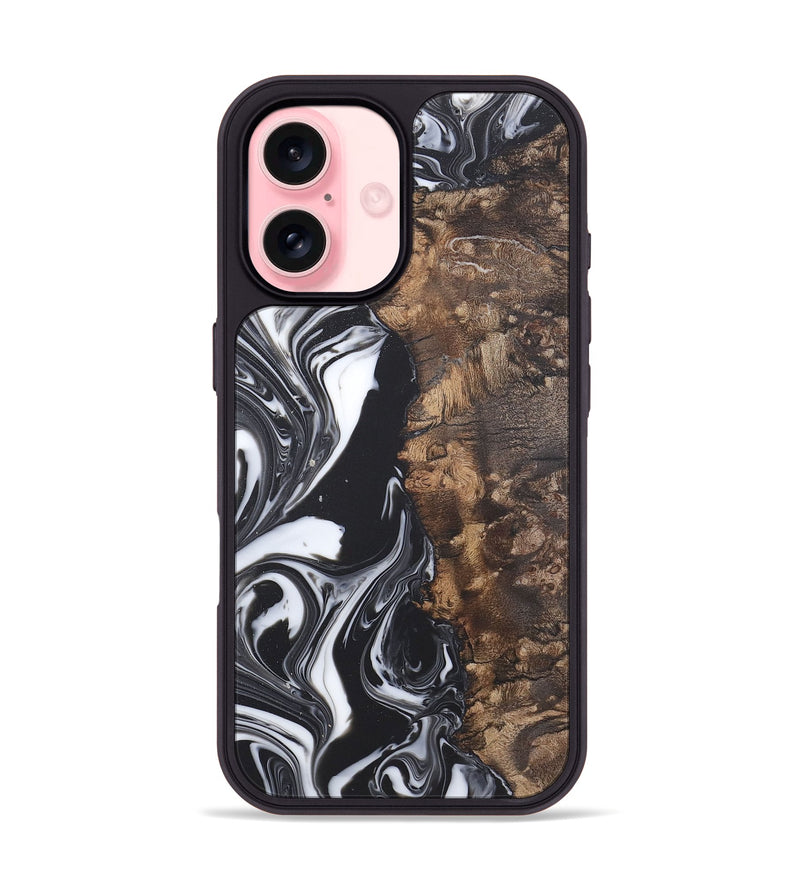 iPhone 16 Wood+Resin Phone Case - Tami (Black & White, 722176)