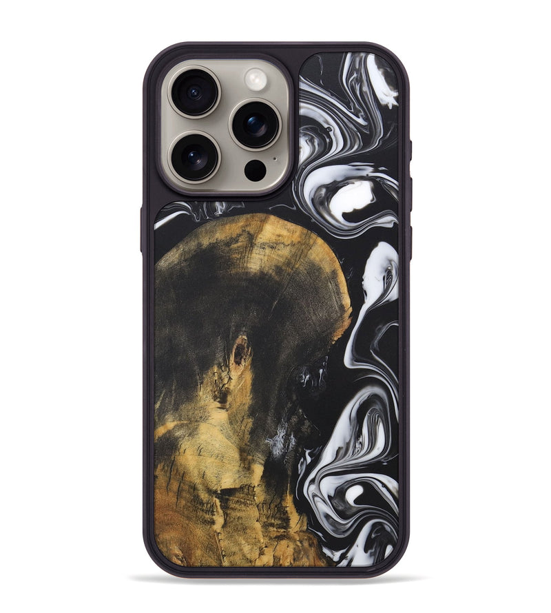 iPhone 15 Pro Max Wood+Resin Phone Case - Joni (Black & White, 722185)