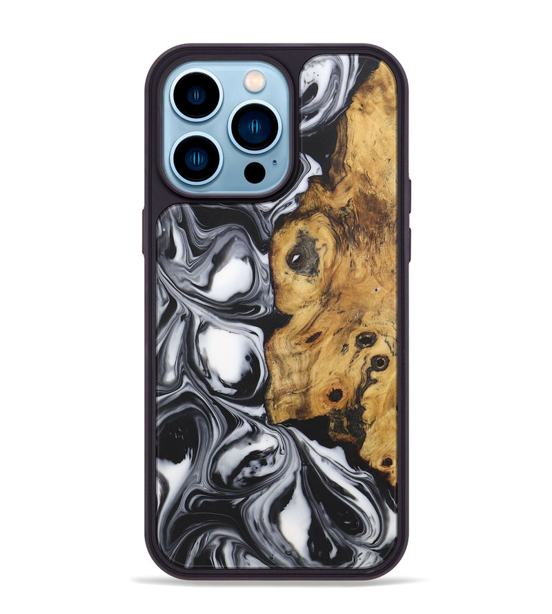 iPhone 14 Pro Max Wood+Resin Phone Case - Ximena (Black & White, 722195)