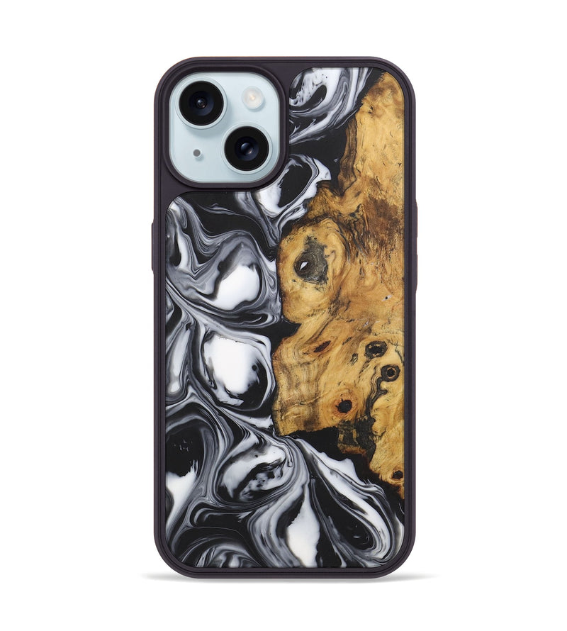 iPhone 15 Wood+Resin Phone Case - Ximena (Black & White, 722195)