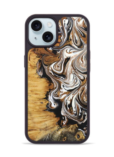 iPhone 15 Wood+Resin Phone Case - Linda (Black & White, 722208)