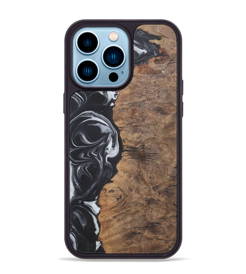 iPhone 14 Pro Max Wood+Resin Phone Case - Phyllis (Black & White, 722209)