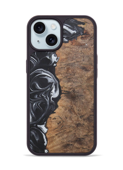 iPhone 15 Wood+Resin Phone Case - Phyllis (Black & White, 722209)