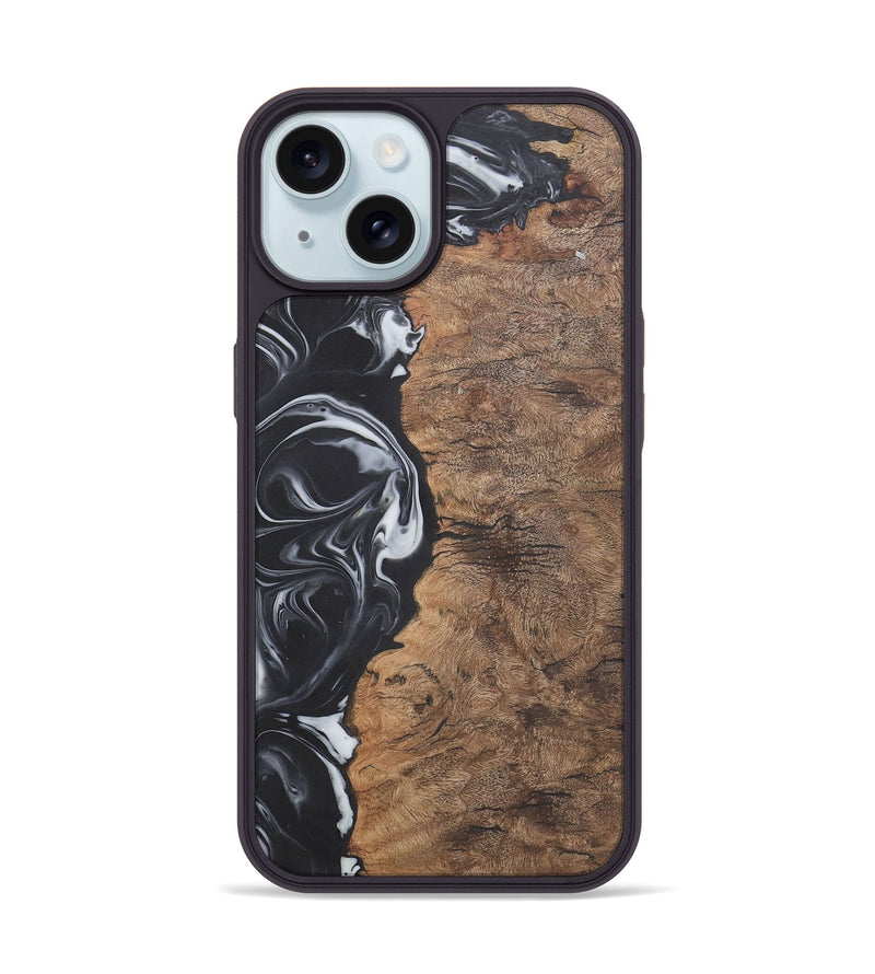 iPhone 15 Wood+Resin Phone Case - Phyllis (Black & White, 722209)