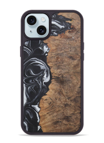 iPhone 15 Plus Wood+Resin Phone Case - Phyllis (Black & White, 722209)