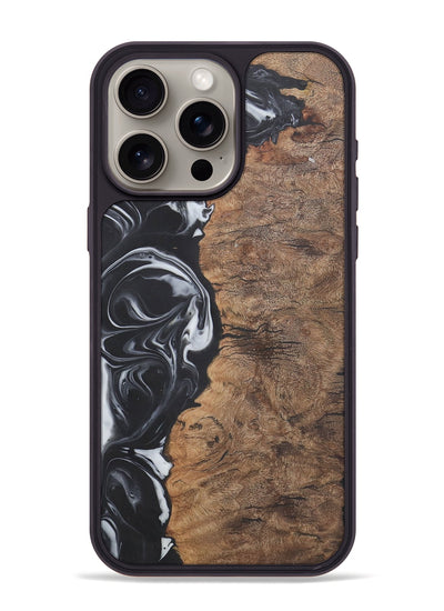 iPhone 15 Pro Max Wood+Resin Phone Case - Phyllis (Black & White, 722209)