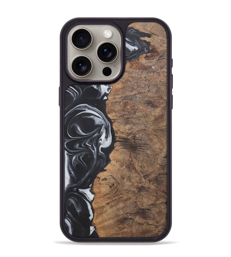 iPhone 15 Pro Max Wood+Resin Phone Case - Phyllis (Black & White, 722209)