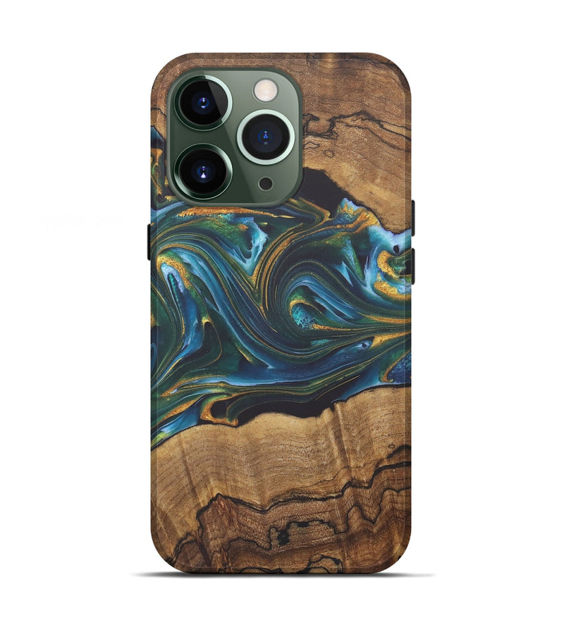 iPhone 13 Pro Wood+Resin Live Edge Phone Case - Emilia (Teal & Gold, 722231)