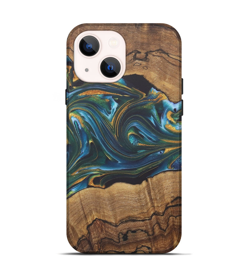 iPhone 14 Wood+Resin Live Edge Phone Case - Emilia (Teal & Gold, 722231)