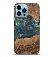 iPhone 14 Pro Max Wood+Resin Live Edge Phone Case - Emilia (Teal & Gold, 722231)