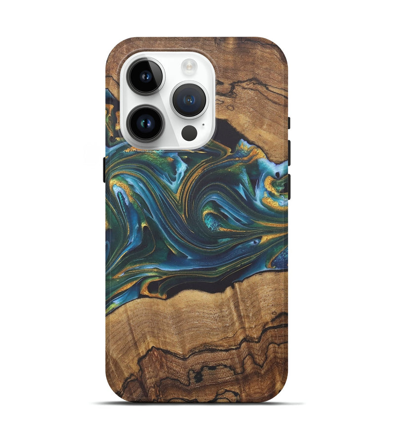 iPhone 15 Pro Wood+Resin Live Edge Phone Case - Emilia (Teal & Gold, 722231)