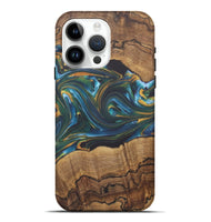 iPhone 15 Pro Max Wood+Resin Live Edge Phone Case - Emilia (Teal & Gold, 722231)