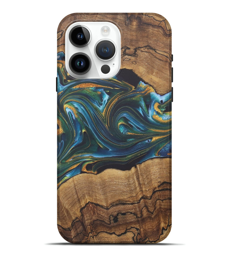 iPhone 15 Pro Max Wood+Resin Live Edge Phone Case - Emilia (Teal & Gold, 722231)