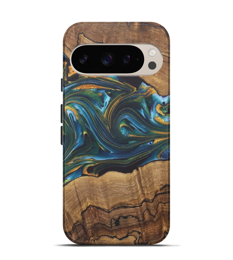 Pixel 9 Pro Wood+Resin Live Edge Phone Case - Emilia (Teal & Gold, 722231)