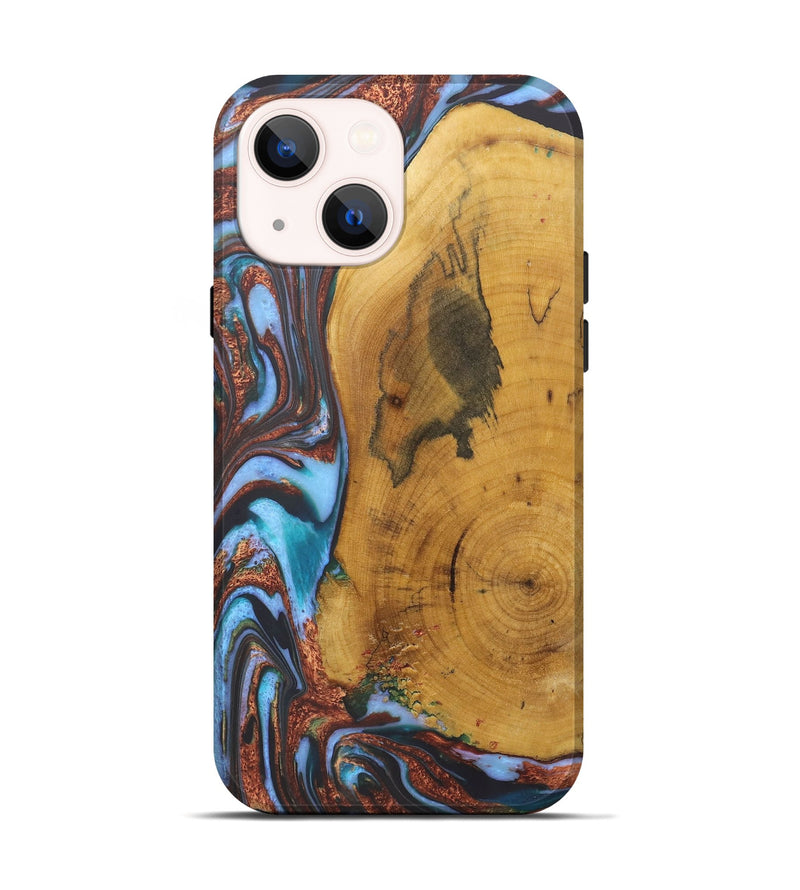 iPhone 14 Wood+Resin Live Edge Phone Case - Terrell (Teal & Gold, 722233)